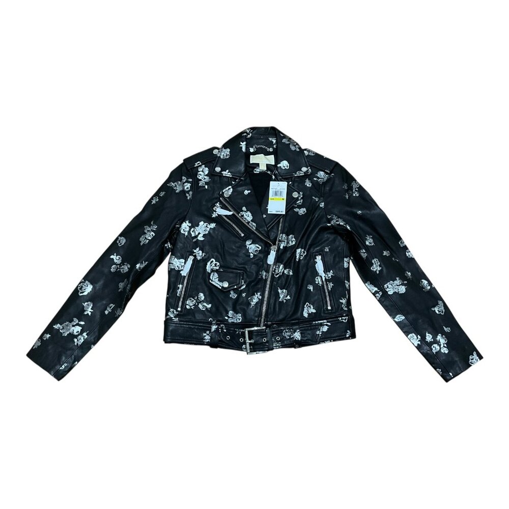 MICHAEL Michael Kors Metallic Rose Print Black 100% Lamb Leather Jacket NWT $595